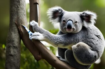a koala escaping a vet with a giant pair of scissors as he climbs a tree Wildlife Photograph, national geographic photo, zoom, telephoto, insanely detailed and intricate, hypermaximalist, elegant, ornate, hyper realistic, super detailed