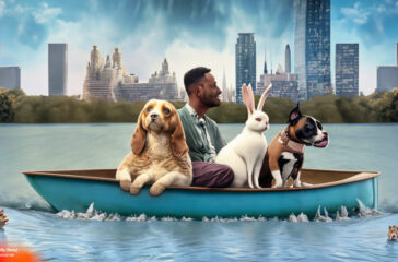 Firefly-man-escaping-floodwaters-with-a-rabbit-dog-and-cat-on-an-boat-with-a-skycraper-in-the-backg