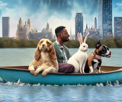 Firefly-man-escaping-floodwaters-with-a-rabbit-dog-and-cat-on-an-boat-with-a-skycraper-in-the-backg