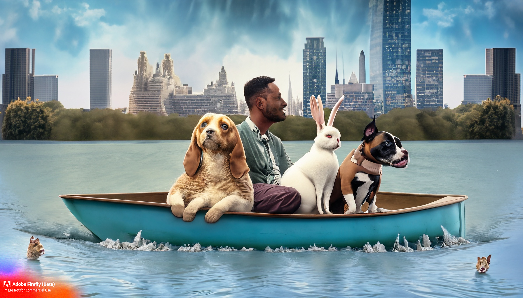 Firefly-man-escaping-floodwaters-with-a-rabbit-dog-and-cat-on-an-boat-with-a-skycraper-in-the-backg